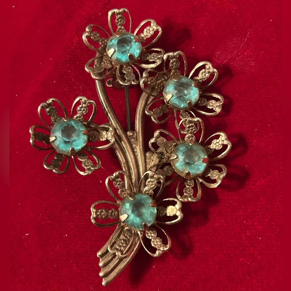 Vintage Gold Tone Floral Brooch with Cerulean Stone Accents